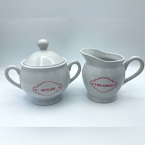 C R Gibson Farmhouse White Sugar and Creamer Set with Red Accents